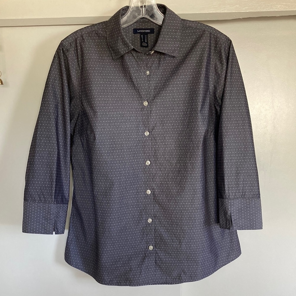 Lands End Women’s Medium Tailored Blouse 3/4 Split Cuff Sleeve Gray